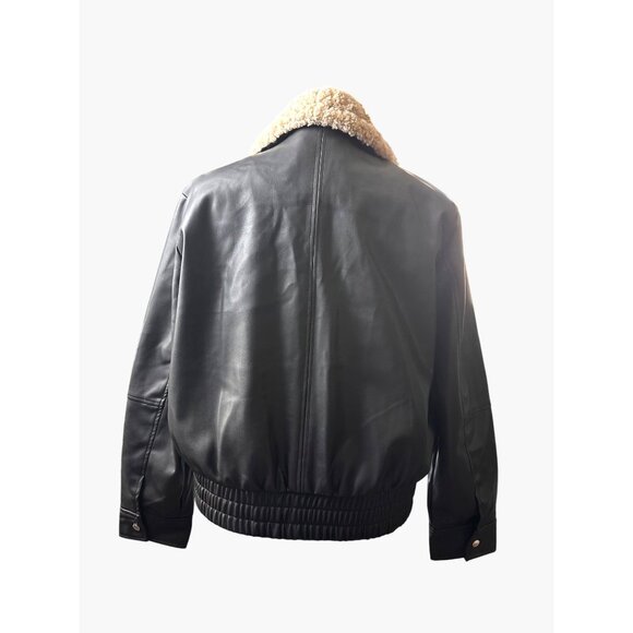 French Connection XL Faux Vegan Leather Bomber Jacket Shearling Collar Black - Picture 3 of 10